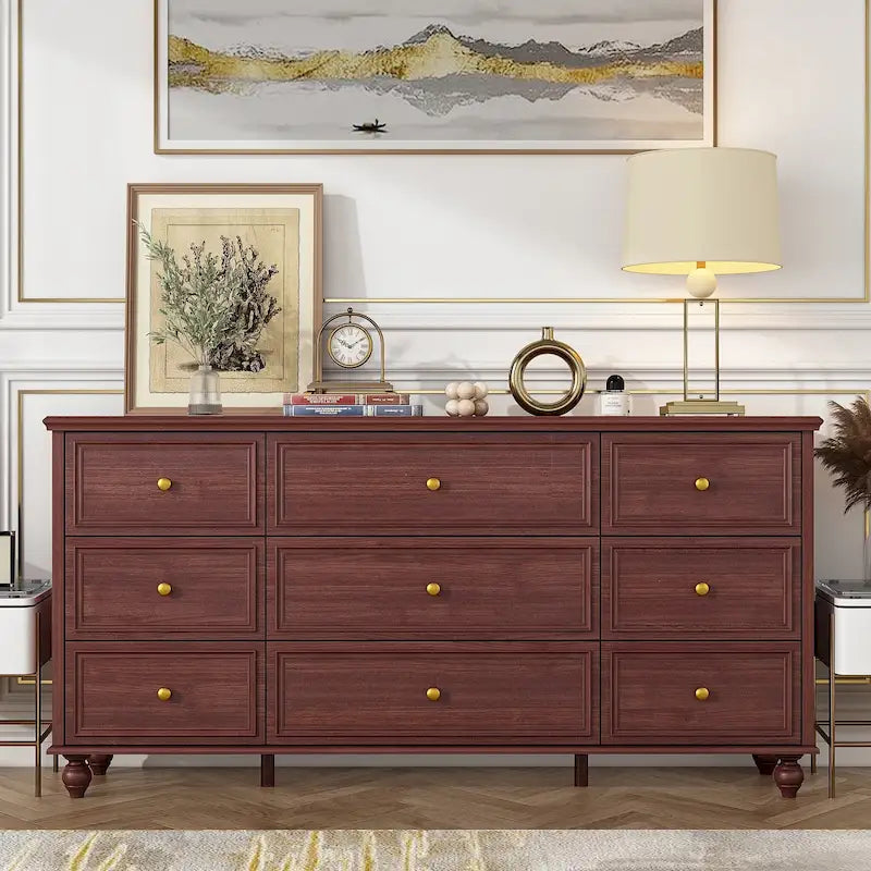 9-Drawer Wood Dresser - 63"W, White Lacquer Finish with Gold Handles