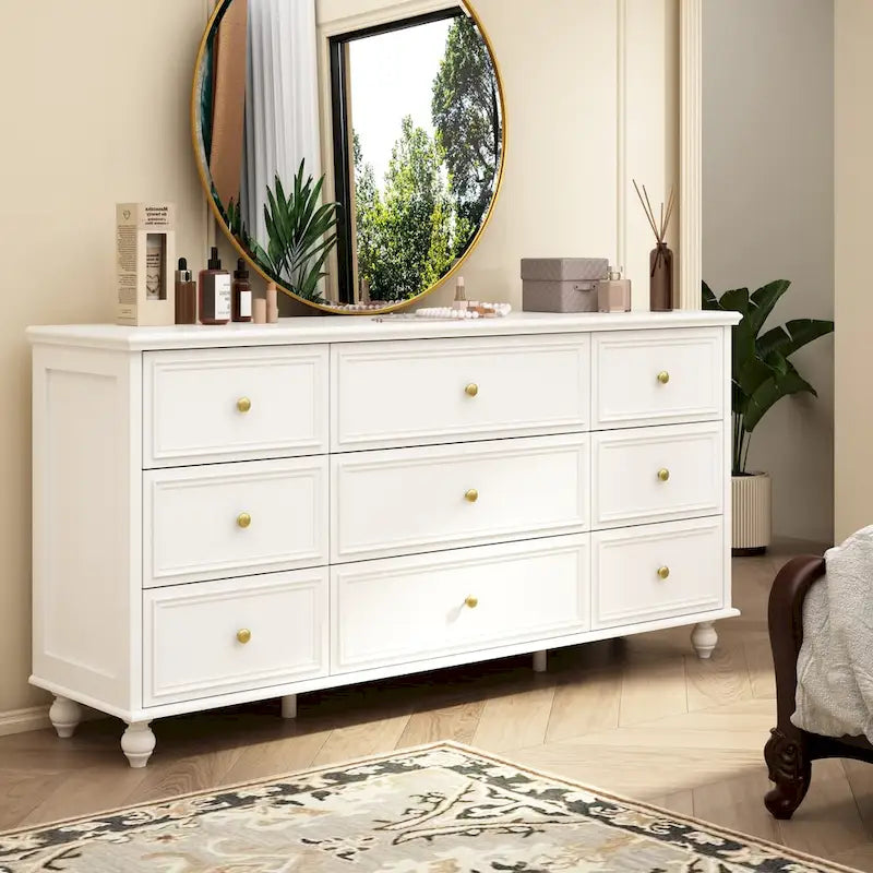 9-Drawer Wood Dresser - 63"W, White Lacquer Finish with Gold Handles