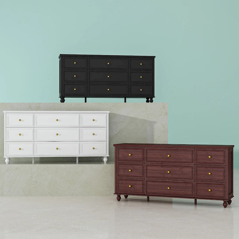 9-Drawer Wood Dresser - 63"W, White Lacquer Finish with Gold Handles
