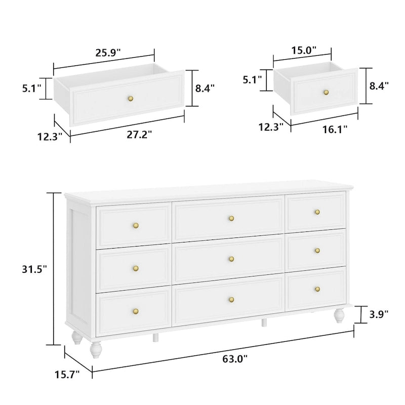 9-Drawer Wood Dresser - 63"W, White Lacquer Finish with Gold Handles