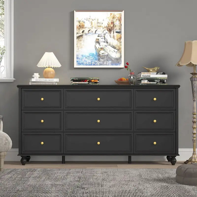 9-Drawer Wood Dresser - 63"W, White Lacquer Finish with Gold Handles