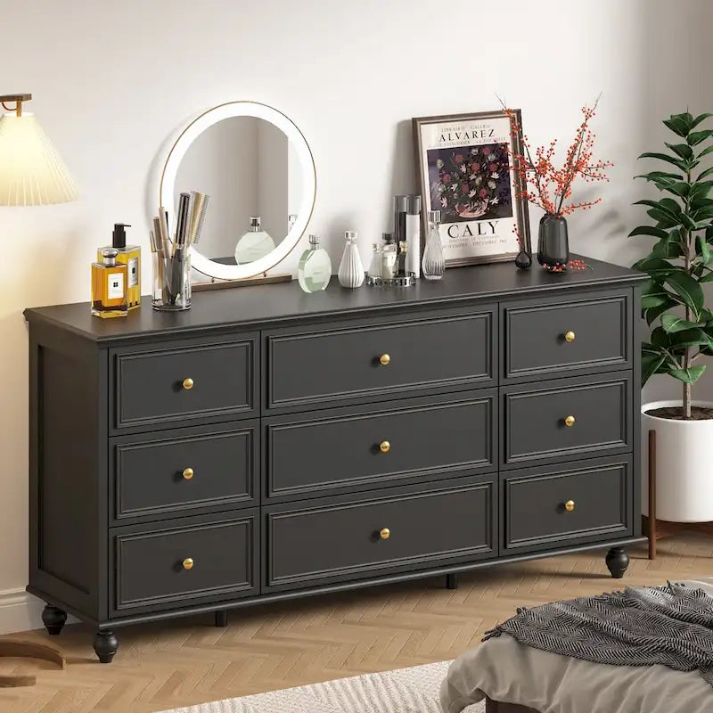 9-Drawer Wood Dresser - 63"W, White Lacquer Finish with Gold Handles