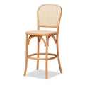 Mid-Century Modern Woven Rattan and Wood Counter Stool