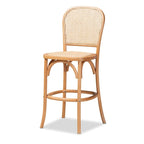 Mid-Century Modern Woven Rattan and Wood Counter Stool