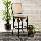 Vance Mid-Century Modern Woven Rattan and Wood Counter Stool