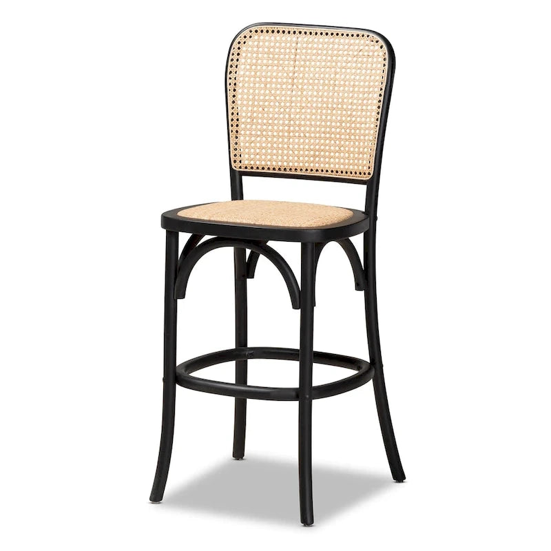 Mid-Century Modern Woven Rattan and Wood Counter Stool