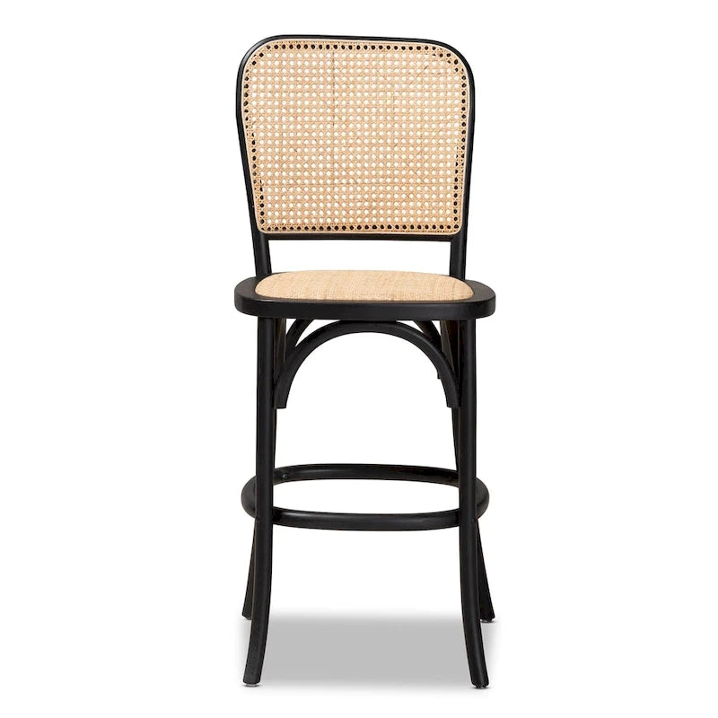 Mid-Century Modern Woven Rattan and Wood Counter Stool