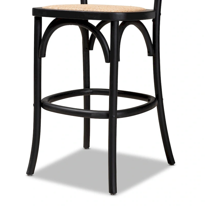Mid-Century Modern Woven Rattan and Wood Counter Stool