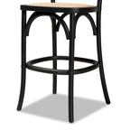 Mid-Century Modern Woven Rattan and Wood Counter Stool