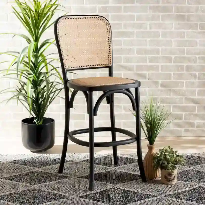 Mid-Century Modern Woven Rattan and Wood Counter Stool
