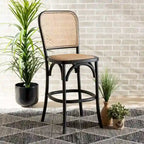 Mid-Century Modern Woven Rattan and Wood Counter Stool