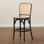 Mid-Century Modern Woven Rattan and Wood Counter Stool