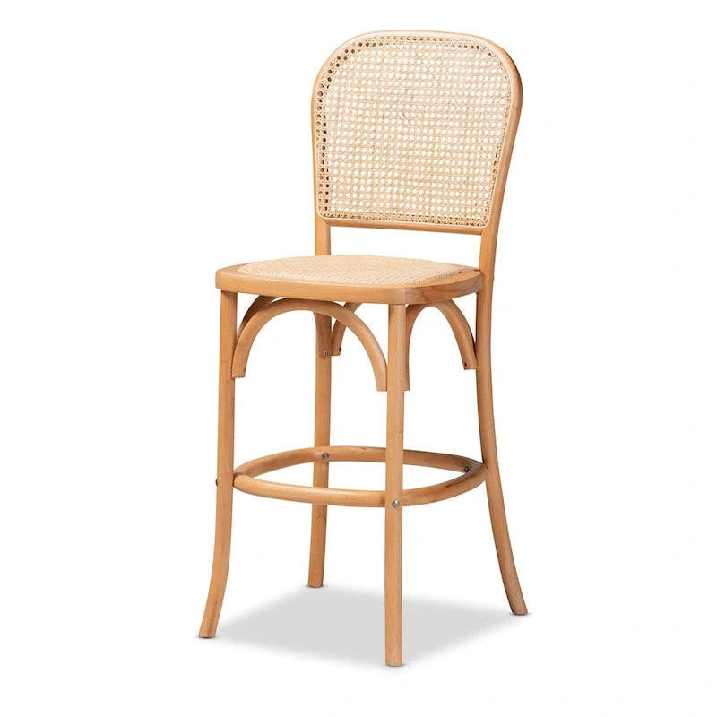 Mid-Century Modern Woven Rattan and Wood Counter Stool