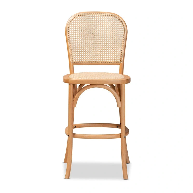 Mid-Century Modern Woven Rattan and Wood Counter Stool