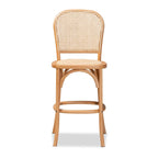 Mid-Century Modern Woven Rattan and Wood Counter Stool