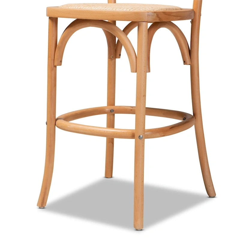 Mid-Century Modern Woven Rattan and Wood Counter Stool