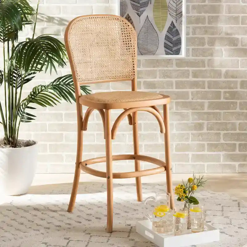 Mid-Century Modern Woven Rattan and Wood Counter Stool