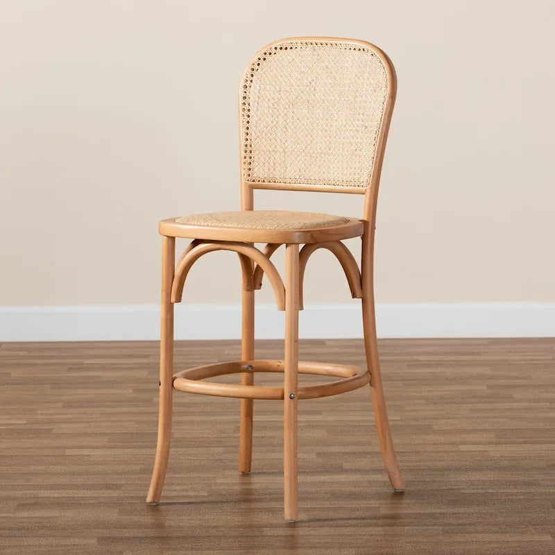 Mid-Century Modern Woven Rattan and Wood Counter Stool