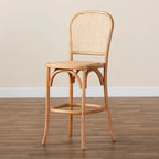Mid-Century Modern Woven Rattan and Wood Counter Stool