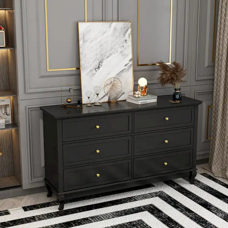 6-Drawer Lacquer Dresser Chest - CARB P2 Certified MDF, 55.11"W x 15.74"D x 31.49"H