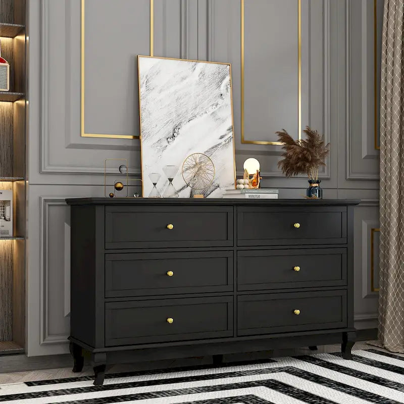 6-Drawer Lacquer Dresser Chest - CARB P2 Certified MDF, 55.11"W x 15.74"D x 31.49"H