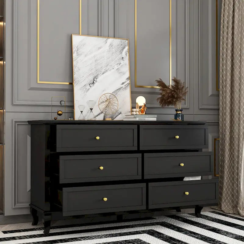 6-Drawer Lacquer Dresser Chest - CARB P2 Certified MDF, 55.11"W x 15.74"D x 31.49"H