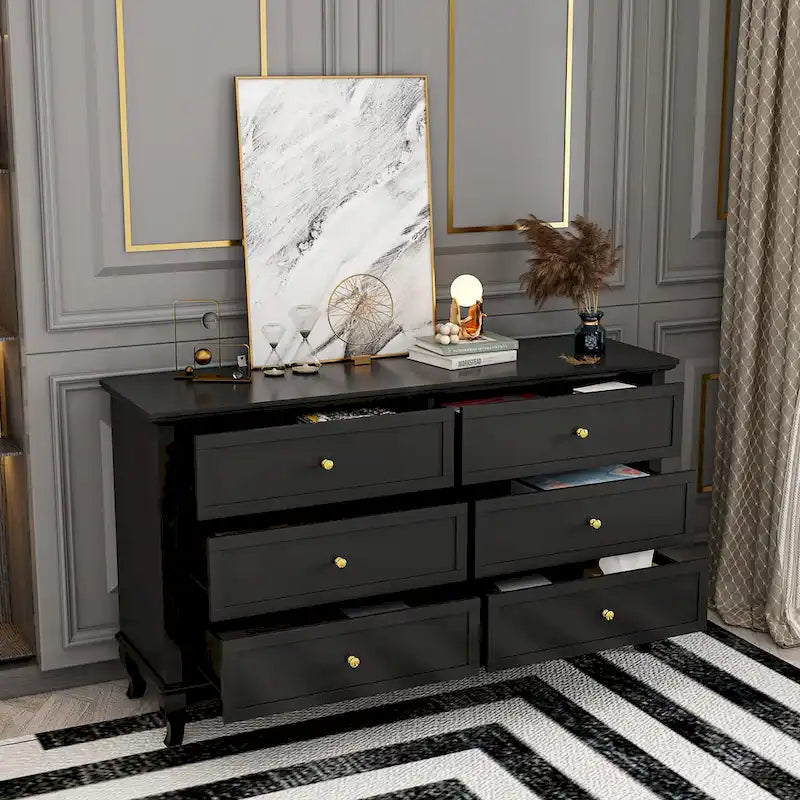 6-Drawer Lacquer Dresser Chest - CARB P2 Certified MDF, 55.11"W x 15.74"D x 31.49"H