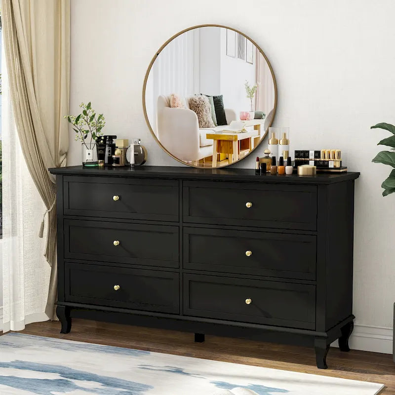 6-Drawer Lacquer Dresser Chest - CARB P2 Certified MDF, 55.11"W x 15.74"D x 31.49"H