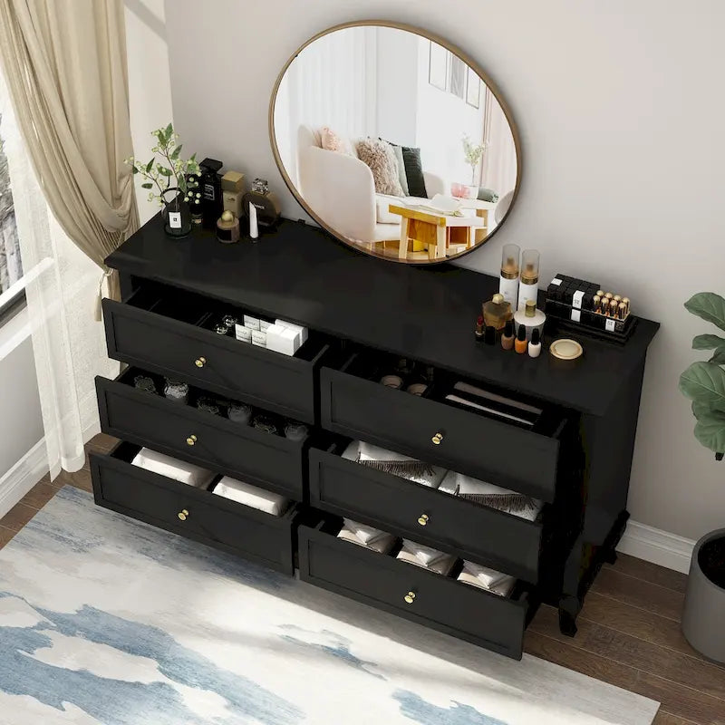 6-Drawer Lacquer Dresser Chest - CARB P2 Certified MDF, 55.11"W x 15.74"D x 31.49"H
