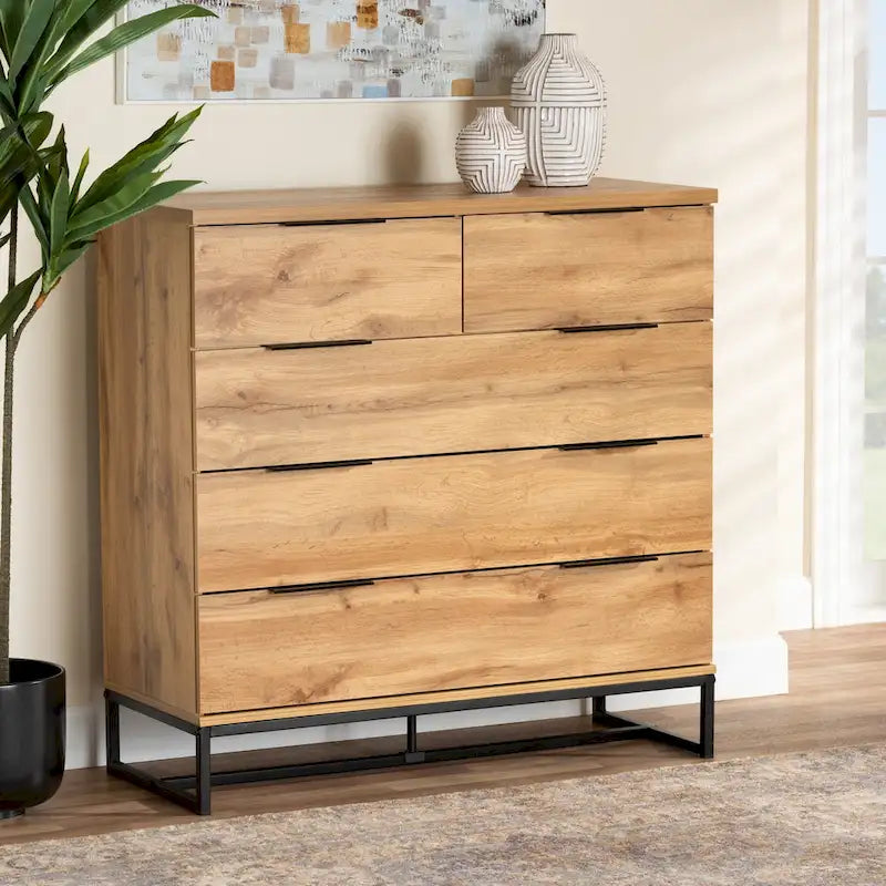 Oak Wood and Black Metal 5-drawer Bedroom Chest