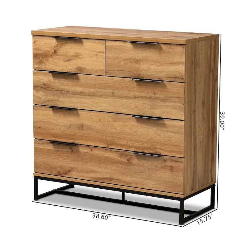 Oak Wood and Black Metal 5-drawer Bedroom Chest