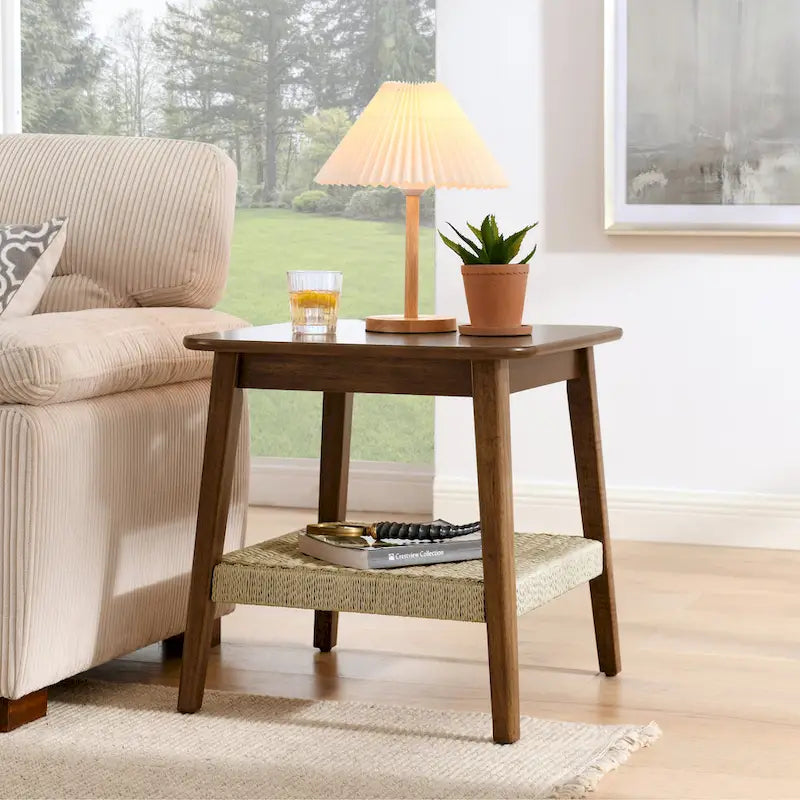 23" Mid-Century Side Table with Woven Rattan Shelf