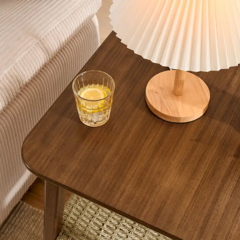 23" Mid-Century Side Table with Woven Rattan Shelf