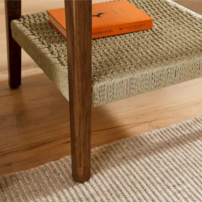 23" Mid-Century Side Table with Woven Rattan Shelf