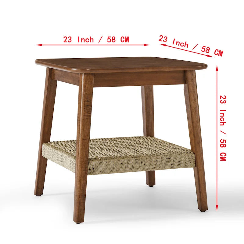 23" Mid-Century Side Table with Woven Rattan Shelf