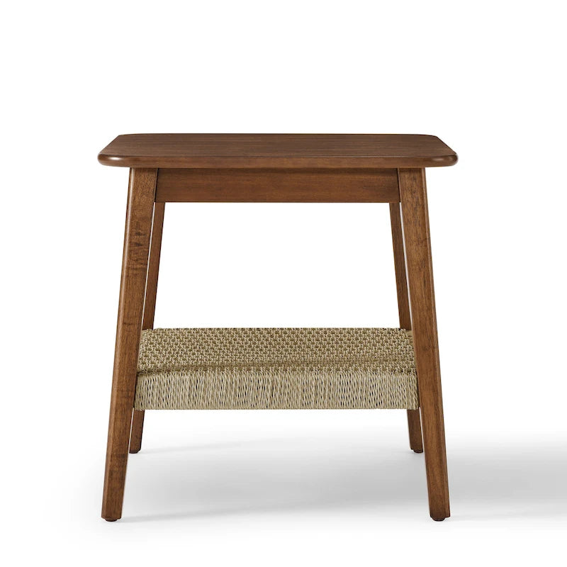 23" Mid-Century Side Table with Woven Rattan Shelf