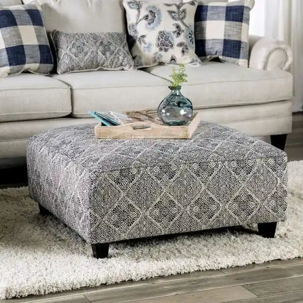 Stormy Transitional Grey Fabric Moroccan Print Cocktail Ottoman by 