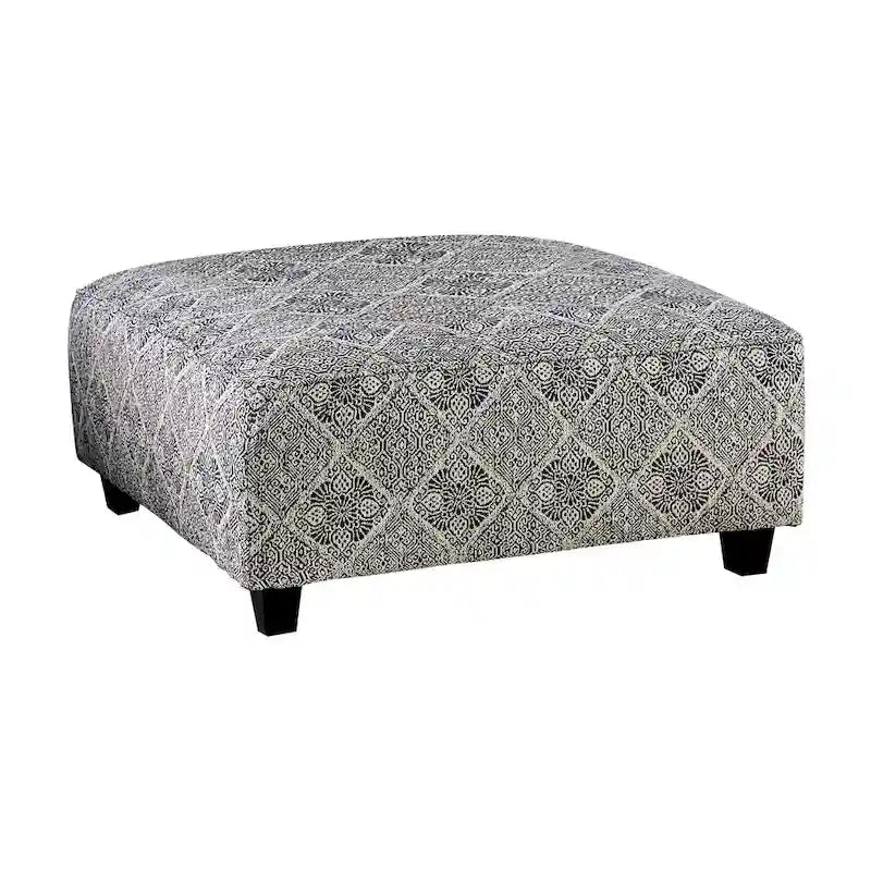 Stormy Transitional Grey Fabric Moroccan Print Cocktail Ottoman