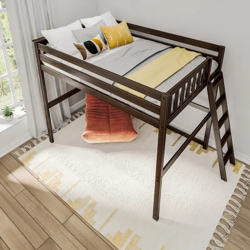 Full Size High Loft Bed with End Ladder - Solid Wood, 400 lbs Capacity