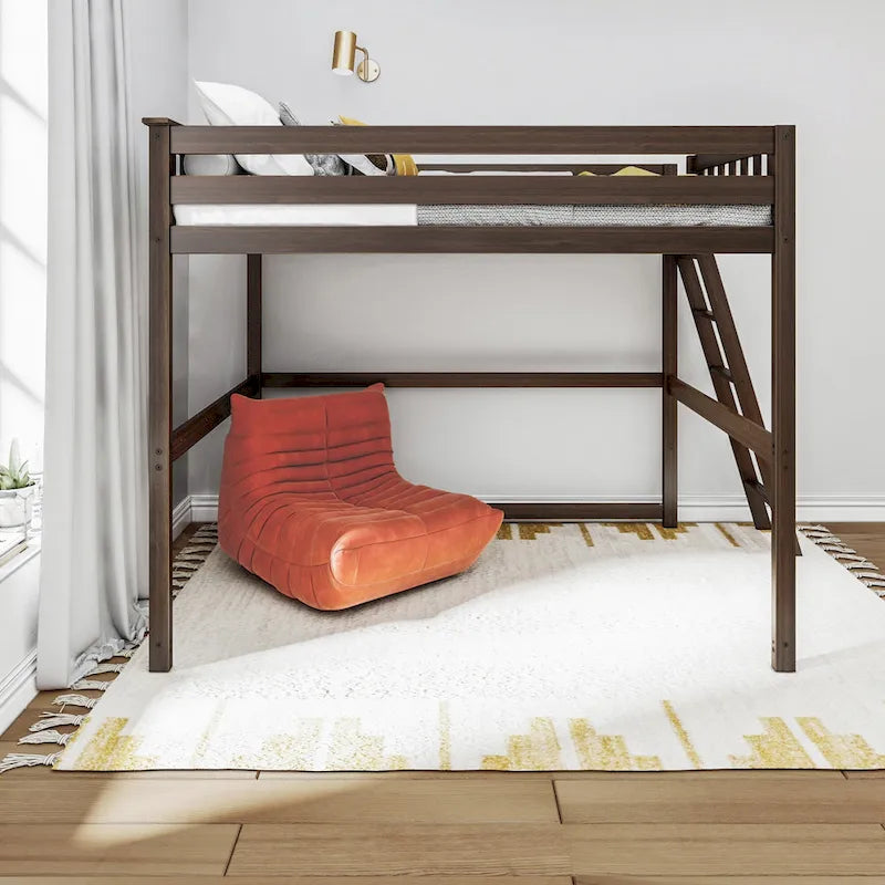 Full Size High Loft Bed with End Ladder - Solid Wood, 400 lbs Capacity