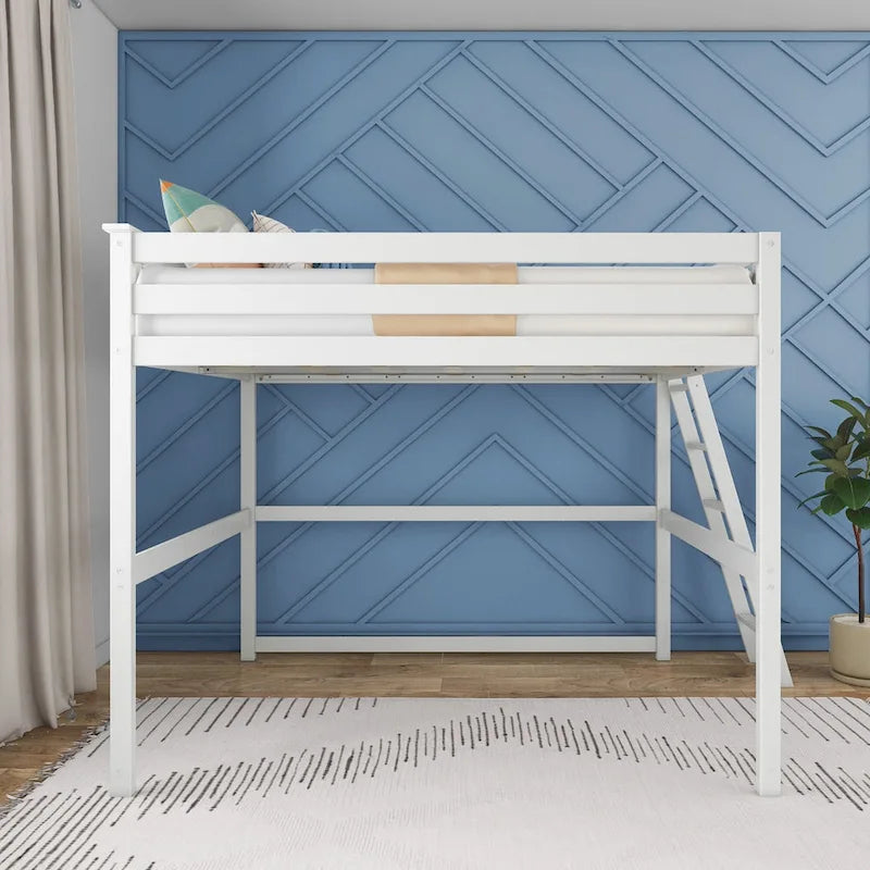Full Size High Loft Bed with End Ladder - Solid Wood, 400 lbs Capacity
