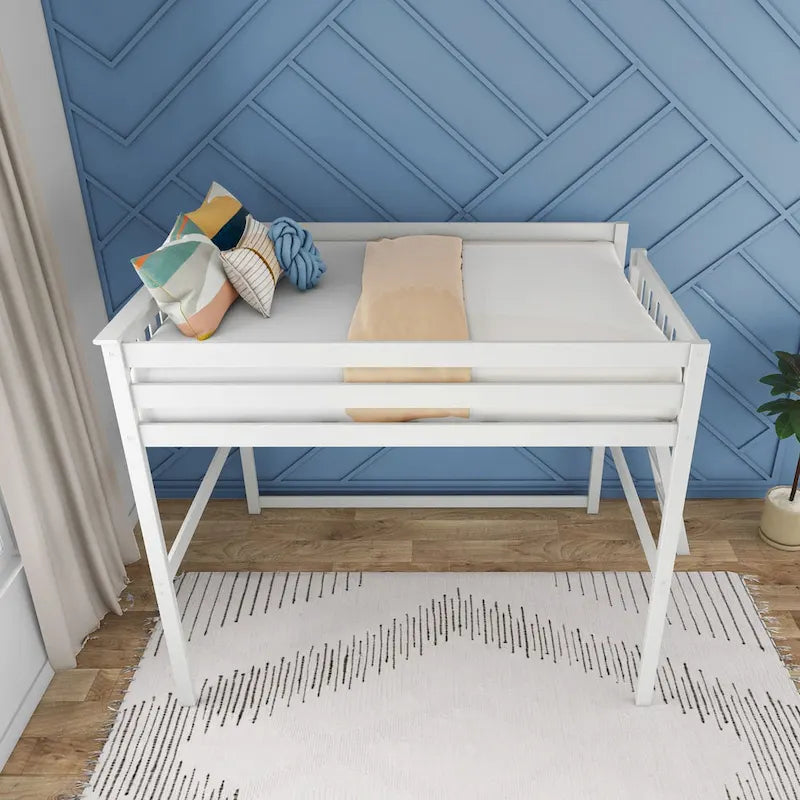Full Size High Loft Bed with End Ladder - Solid Wood, 400 lbs Capacity