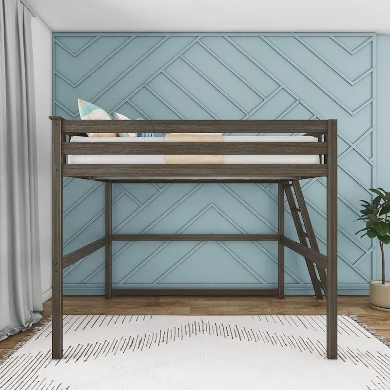 Full Size High Loft Bed with End Ladder - Solid Wood, 400 lbs Capacity