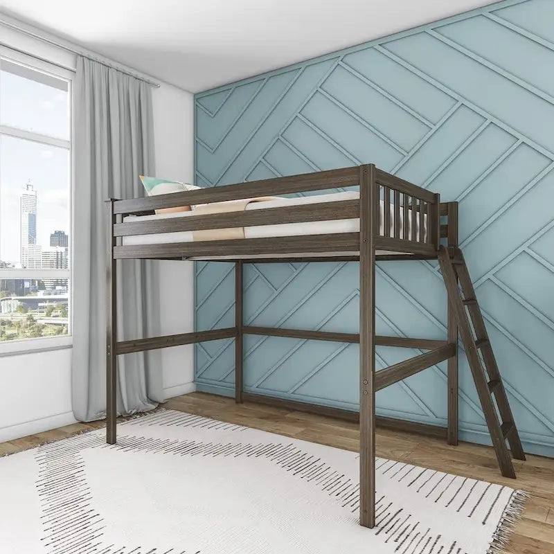 Full Size High Loft Bed with End Ladder - Solid Wood, 400 lbs Capacity
