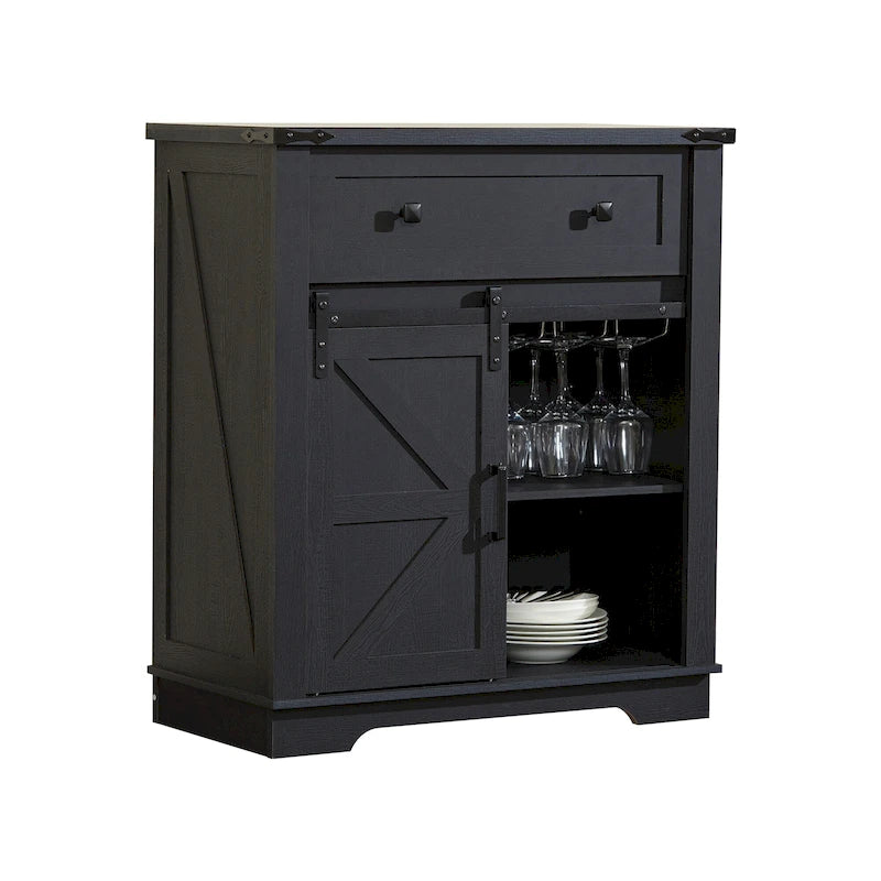 Farmhouse Buffet Sideboard with Sliding Barn Door, Drawer, and Glass Slots