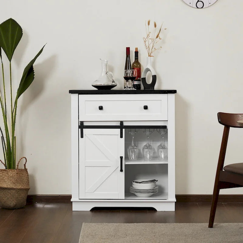 Farmhouse Buffet Sideboard with Sliding Barn Door, Drawer, and Glass Slots