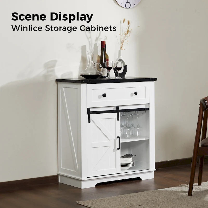Farmhouse Buffet Sideboard with Sliding Barn Door, Drawer, and Glass Slots