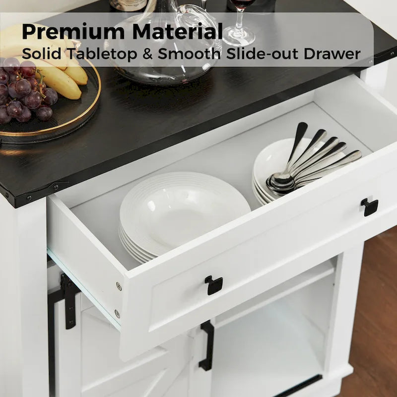 Farmhouse Buffet Sideboard with Sliding Barn Door, Drawer, and Glass Slots