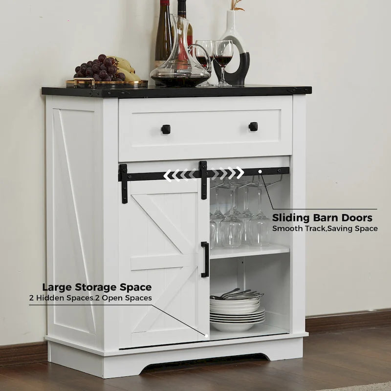 Farmhouse Buffet Sideboard with Sliding Barn Door, Drawer, and Glass Slots