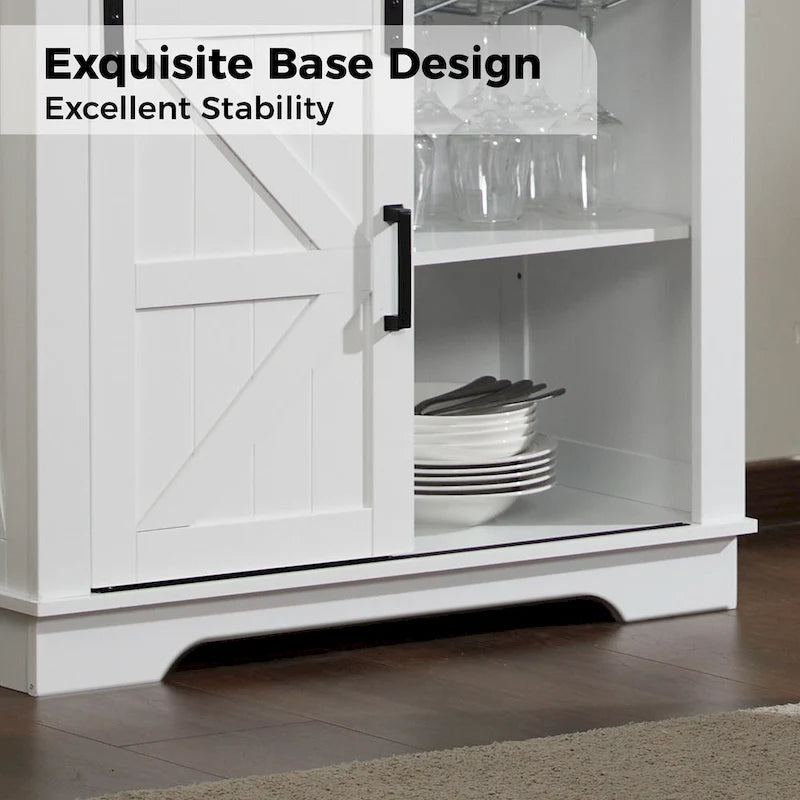 Farmhouse Buffet Sideboard with Sliding Barn Door, Drawer, and Glass Slots